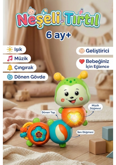 Eğlenceli Renkli Tırtıl Bebek Aksesuarı - Çıngıraklı, Aydınlatmalı Melodili Zeka Destekleyici Bebe Aktivitesi Yaş 6 Ay+