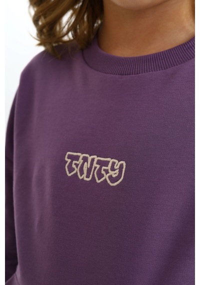 Toontoy Kids Toontoy Kız Çocuk 2'li Takım Nakış Baskılı Bisiklet Yaka Cepli Sweatshirt & Beli Paçası Ribanalı Jogger Eşofman Altı - 2 İplik Mor
