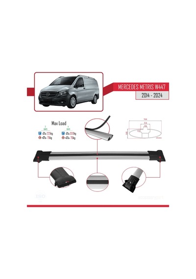 Mercedes Metris W447 2014 Ve Sonrası İle Uyumlu Fly Model Ara Atkı Tavan Barı Gri 3 Adet Bar