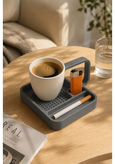 Kahve Sunum Tepsisi Çok Bölmeli Masa Üstü Organizer Kupa Fincan Standı Pla 12.5x11x7 Cm Gri