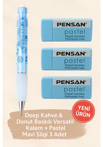 Metalik Mavi 0.7 Versatil Kalem + Pastel Mavi Silgi 3'lü Set Kahve Donut