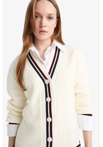 Defacto Regular Fit V Yaka Düğmeli Hırka D5030ax25auer99 Ekru