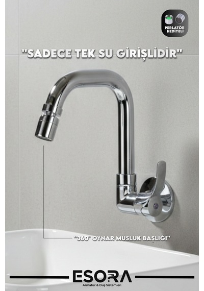 360 Oynar Başlıklı Duvardan Tek Su Mutfak - Banyo Ve Lavabo Bataryası Krom