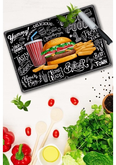 20X30 Cm Fast Food Desenli Cam Kesme Tablası