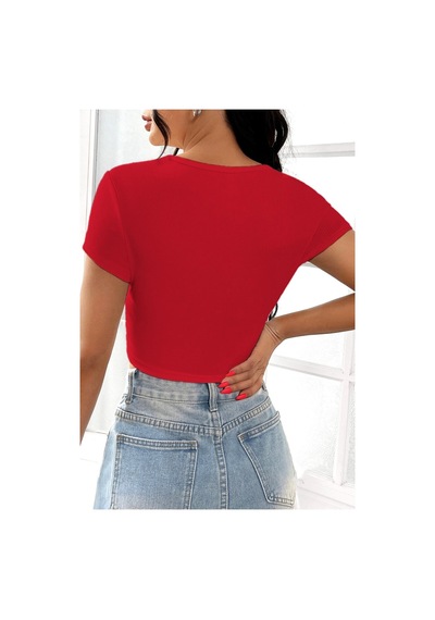 Rooted-kadın Kare & Havuz Yaka Crop T-shirt ,likralı Fitilli Kaşkorse Kumaş Kırmızı