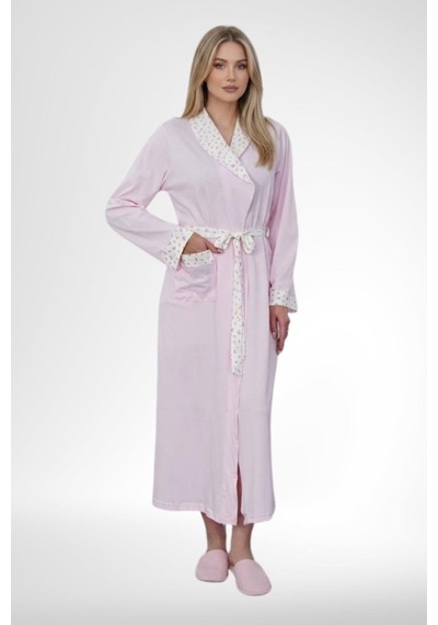 Mecit Pijama Mecit 6383 Pembe Kadın Uzun Sabahlıklı Kısa Kollu Gecelik Takımı