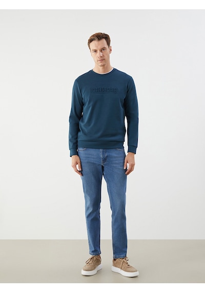 Lcwaıkıkı Classic Petrol Bisiklet Yaka Baskılı Erkek Sweatshirt Petrol Mavi