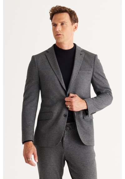 AC&Co / Altınyıldız Classics Erkek Lacivert-gri Slim Fit Dar Kesim Mono Yaka Desenli Takım Elbise Lacivert - Gri