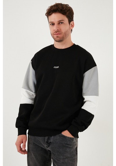 Buratti Pamuklu Relaxed Fit Bisiklet Yaka Şardonlu Renk Bloklu Erkek Sweat 5905298T Siyah