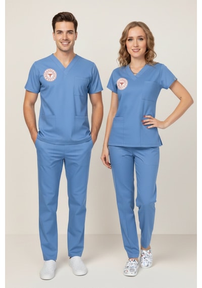 Unisex Alaska Mavisi Doktor Hekim Scrubs Takım Sağlık Bakanlığı Yeni Yönetmeliğe Uygun Mavi Açık