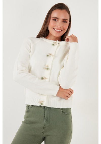 Lela Premium Regular Fit Bisiklet Yaka Fiyonk Detaylı Bayan Hırka 6802939 Ekru