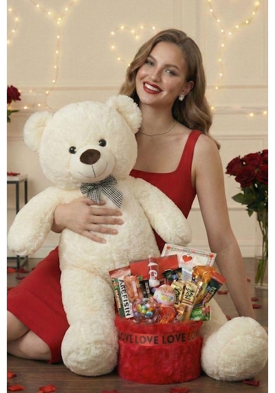 3 Lü Kadınlar Günü Hediye Seti 90 Cm Peluş Ayı, Love Çikolata Sepeti & Mavi Peluş Ayıcık Buketi 27147166