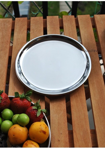 2 Adet Paslanmaz Çelik 20 Cm Sunum Meze Tabağı Yuvarlak Gümüş Renk Tatlı Tabak Metal