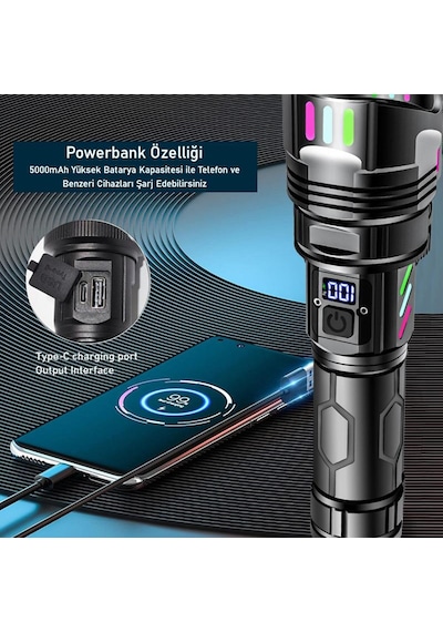 Valkyrie Şarjlı El Feneri 30w Powerbank Özellikli Type-c Zoomlu 5 Modlu Ultra Güçlü Led Fener Siyah