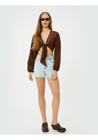 Koton Crop Kimono Önden Bağlamalı Slim Fit Uzun Kollu Kahverengi 4sal50021ıw Kahverengi