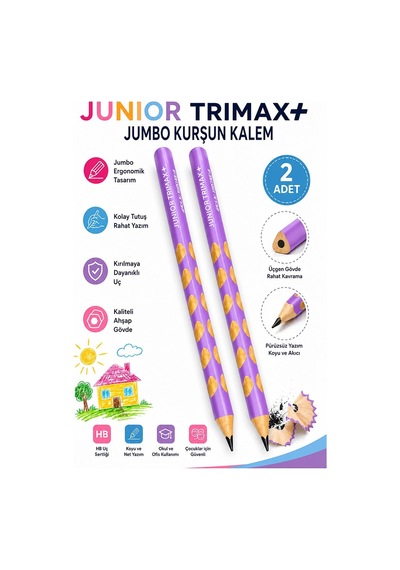 Lila Jumbo Kurşun Kalem Oluklu 2 Adet Alpino Trimax Üçgen Oluklu Kalın Kalem Pastel Renkler Kolay Tutuş Ve Kullanım