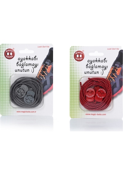 Magic Locks Yuvarlak Akıllı Ayakkabı Bağcık 2'li Set Gri-kırmızı