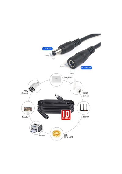 10 Metre Power Adaptör Uzatma Kablosu Wifi & Cctv Kamera Uyumlu 12v Dişi Erkek 22awg Kablo