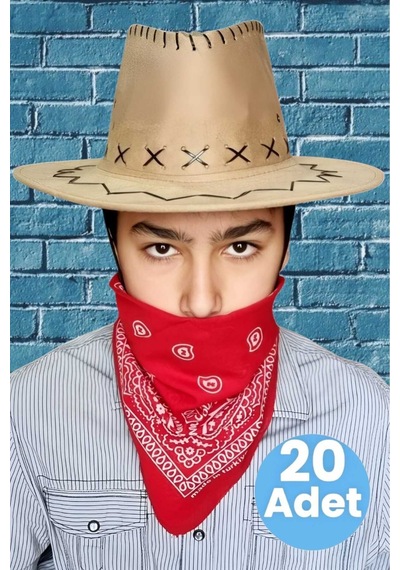 Uniquetrenders Çocuk Unisex Bandanalı 20'li Nubuk Kovboy Şapkası 8-14 Yaş Koyu Bej 2