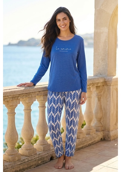 Aura Collections Kadın Desenli Bambu Viskon Uzun Kollu Soft Örme Mevsimlik Pijama Takımı Mavi