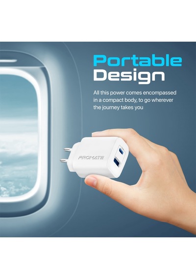 Promate BiPlug-2 17W Yüksek Hızlı Şarj Cihazı, Type-C, USB Beyaz