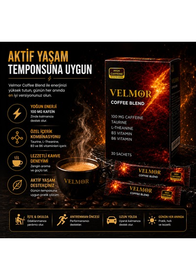 Velmor Coffee Blend Yüksek Kafeinli Kahve Karışımı Taurine, L-theanine Ve Vitamin Destekli 30 Sachet Granül