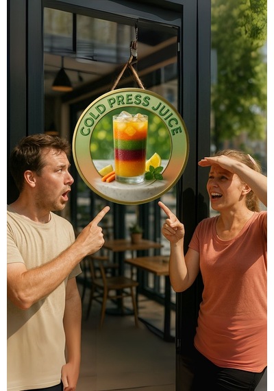 Cold Press Juice Temalı Kapı Süsü Tablosu, Meyve Detaylı Uv Baskılı Cafe Duvar Dekoru