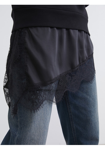 Lcw Vision Siyah Dantel Detaylı Oversize Kadın Kalın Sweatshirt
