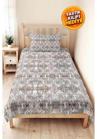Vintage Geometrik Bej Tek Kişilik Pike Takımı - Bohem Gri Kahve 160x220 Cm Mevsimlik Yatak Örtüsü Gümüş
