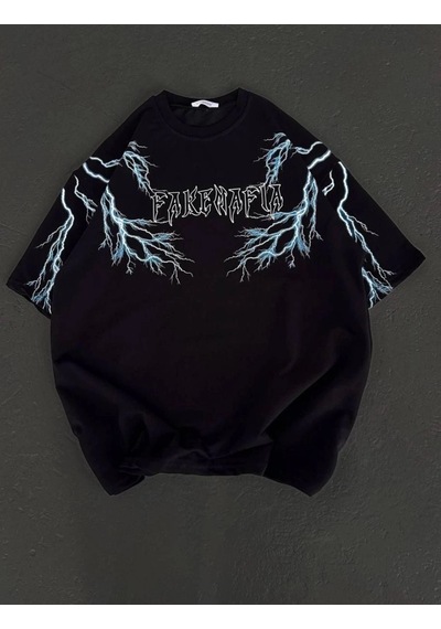 Freedom Storee Kadın Bisiklet Yaka Baskılı Kısa Kol Oversize T-shirt - Siyah Çok Renkli