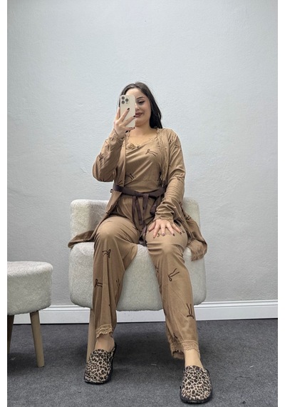 Belendir Kadın Süet 3'lü Pijama Set Bejkahve Bej
