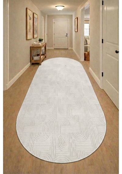 Raschel Carpet Bohem Oval Krem Emboss Premium Seri Yeni Nesil Kaymaz Taban Jel Taban Halı Yolluk Antre Hol Krem