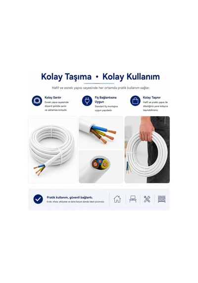 Tr 3x2,5 Mm Cca Ttr Beyaz Renk Kauçuk Topraklı Seyyar Elektrik Kablosu 10 Metre