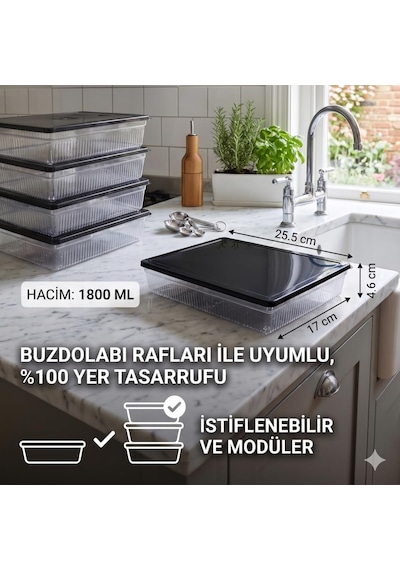 Fresh Box Premium Saklama Kutusu, Buzdolabı Deepfreeze Difriz Saklama Kabı, Gıda Saklama Kabı, İstiflenebilir Kristal, 1800ml, 25.5x17x4.6 Cm