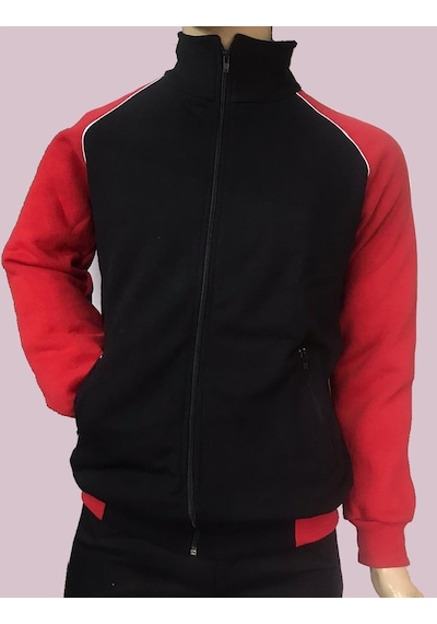 Fermuarlı Kolej Mont 3 Iplik Siyah-Kırmızı Robalı Reglan Kol