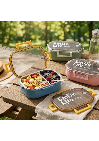 Lexroo Paslanmaz Çelik Yemek Kabı 980 Ml, Bölmeli İç Hazneli Kilitli Kapaklı Lunch Box Çok Renkli