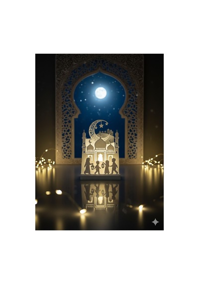 Ramazan Ayına Özel Işıklı Masaüstü Dekor 8x11 Cm Led Li Cami Ve Çocuk Figürlü Ramazan Süsü