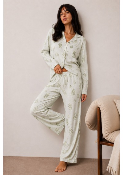 Kadın Düğmeli Kışlık Ev Çağla Yeşili Pijama Takımı