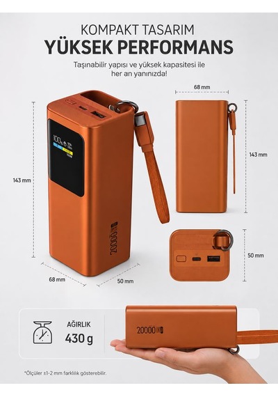 20000mah 100w Hızlı Şarj Powerbank Akıllı Dijital Ekran Type-c Kablolu Usb Type-c Girişli Turuncu