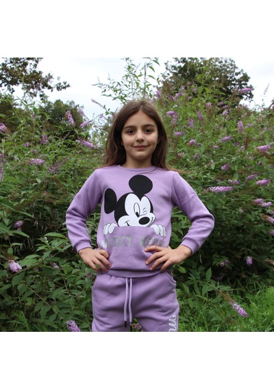 Milenawear by Milena Mickey Baskılı Bisiklet Yaka Kalın Kız Çocuk Alt Üst Takım Mor Lila
