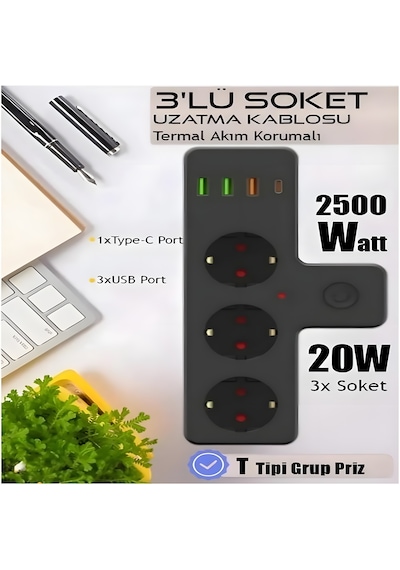 Akım Korumalı 3'lü Priz Çoklayıcı 3 Usb-a 1 Usb-c Çoklu Şarjlı Uzatma Prizi Güvenlik Korumalı Diğer