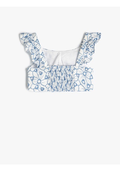 Koton Crop Bluz Askılı Fırfırlı Çiçek Desenli Fisto Detaylı Mavi 4skg60051aw Mavi