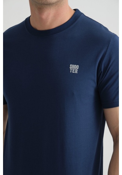 Shooter Sportwear Shooter Erkek Pamuklu Esnek T-shirt Standart Kalıp Minimal Logolu İndigo