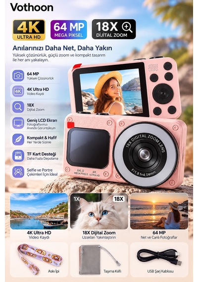 4k Dijital Fotoğraf Makinesi 18x Dijital Zoom 64 Mp Ön Ve Arka Ekranlı Kompakt Kamera Pembe Çok Renkli
