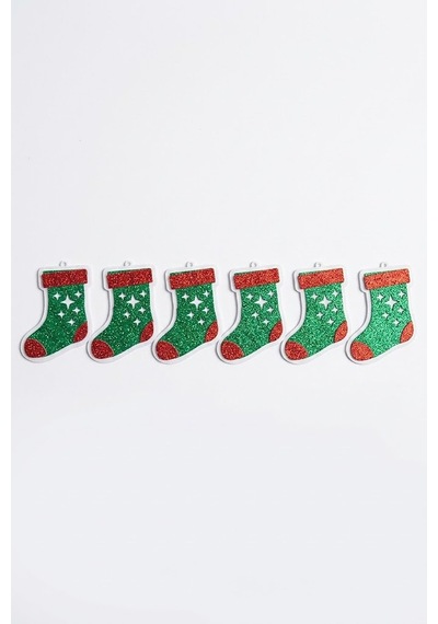 Simli Noel Çorabı Yılbaşı Ağacı Süsü 6'lı Set - Yeşil Kırmızı Yıldızlı Asma Süs