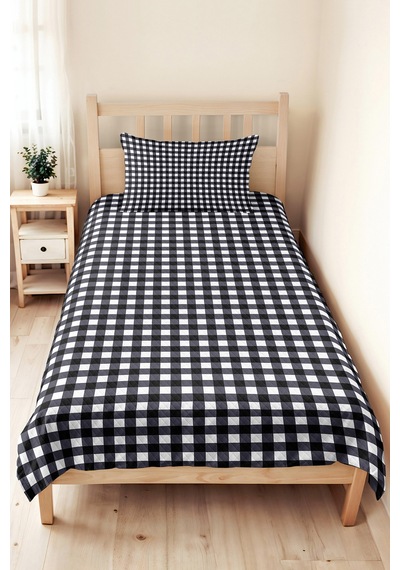 Siyah Ekose Modern Genç Odası Tek Kişilik Pike Takımı - Geometrik 160x220 Cm Kapitone Yatak Örtüsü Mercansı Çiy Kabuğu