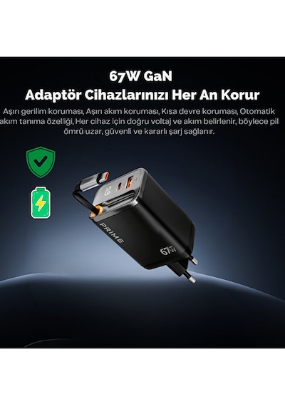 67w Gan Hızlı Şarj Adaptörü Dahili Retractable Type-c Kablo 1
