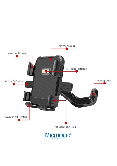 Microcase Motosiklet Telefon Tutucu - Ayna Bağlantılı, 360 Dönebilen Tek Tık Kilitlemeli Sarsıntı Önleyici - Al5743 Siyah