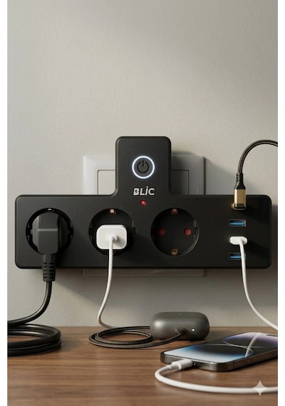 Blic Ftr-12 Termal Akım Korumalı 3'lü Priz - Pd 20w Usb-c + 3 Usb-a Girişli - 2500w 10a