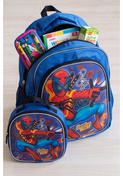 Superhero Beslenme Çantalı İlkokul Ve Anaokulu Sırt Çantası Seti Ergonomik Çocuk Okul Çantası Mavi - Lacivert